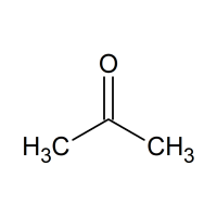 Molekülstruktur von Aceton (C3H6O) mit einem zentralen Kohlenstoffatom, doppelt an ein Sauerstoffatom gebunden und einfach an zwei Methylgruppen (CH3) gebunden.
