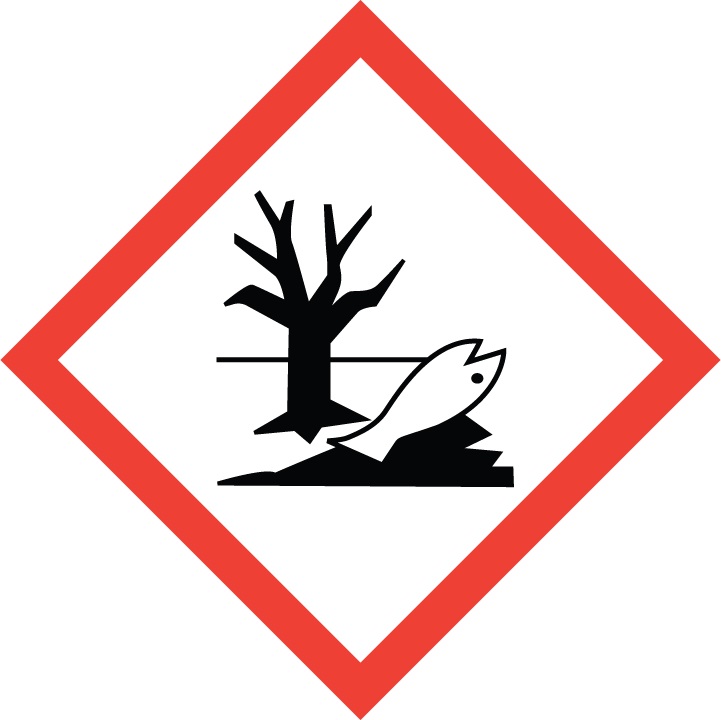 GHS09-Piktogramm „Umweltgefährlich“, toter Baum und toter Fisch in rot-weißer Raute