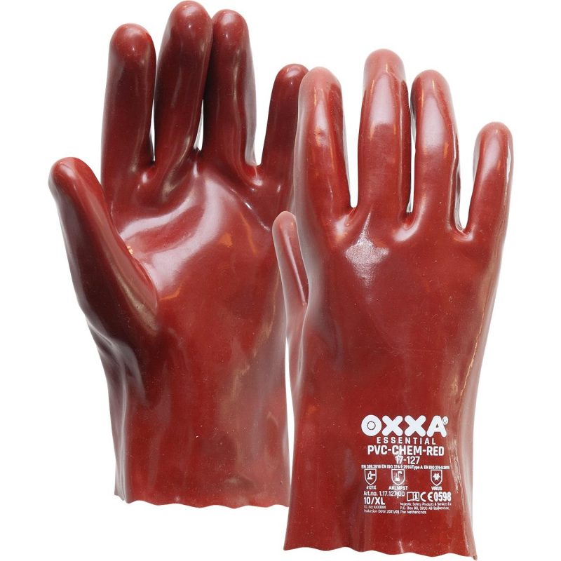 Rote chemikalienbeständige PVC-Handschuhe in verschiedenen Längen