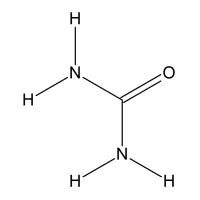 Molekulare Struktur von Harnstoff, bestehend aus Stickstoff-, Kohlenstoff-, Sauerstoff- und Wasserstoffatomen.