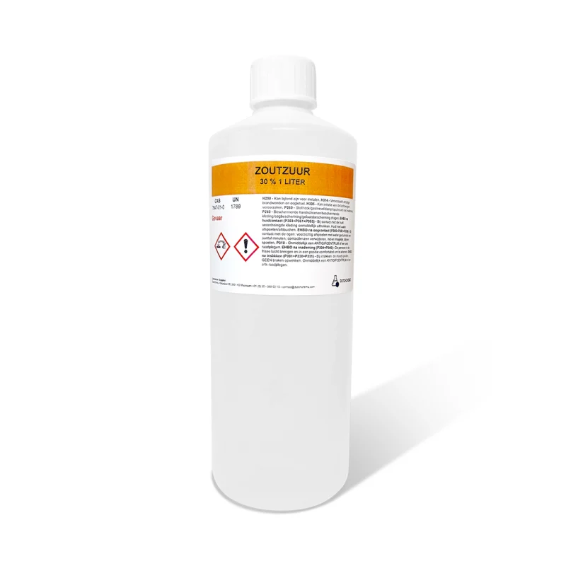 Plastikflasche mit 1 Liter 30 %iger Salzsäurelösung und Sicherheitsinformationen auf dem Etikett.