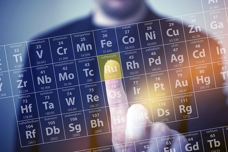 Persoon wijst naar het element Ruthenium in een interactieve weergave van het periodiek systeem der elementen.