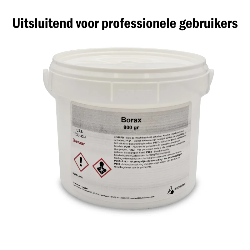 Emmer met 800 gram Borax, voorzien van waarschuwingsetiketten en veiligheidsinformatie.