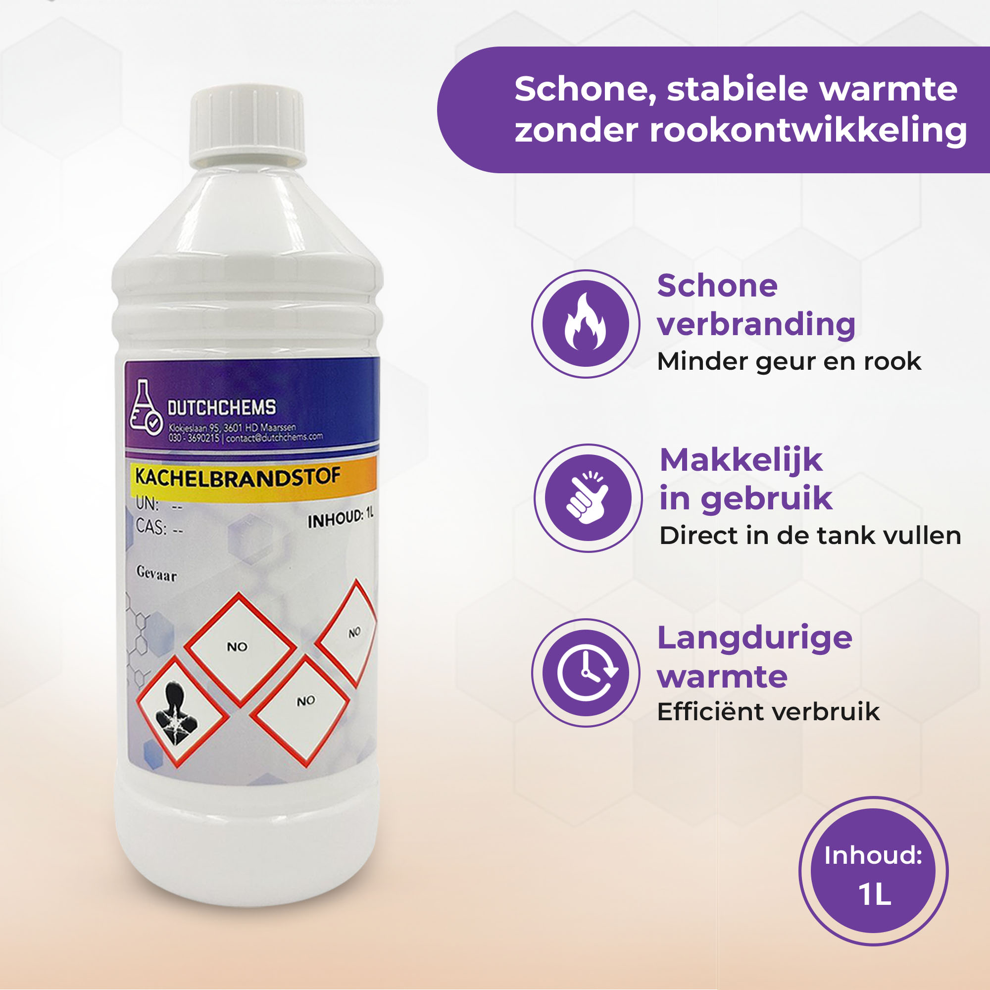 Infographic met voordelen van 1 liter geurarme kachelbrandstof