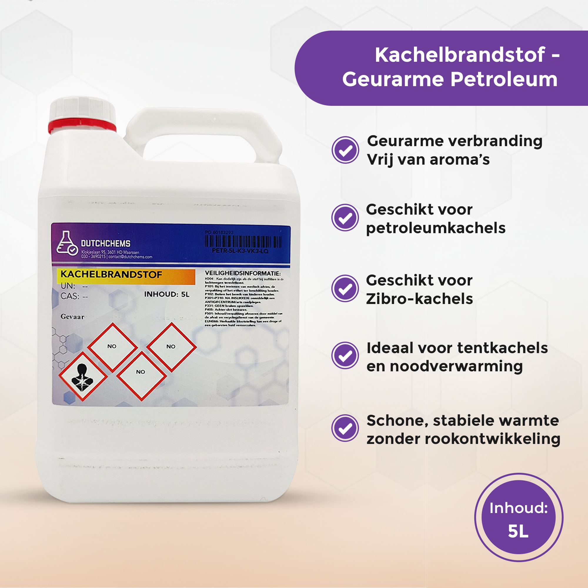 Infographic met voordelen van 5L geurarme kachelbrandstof