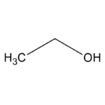 Molekulare Struktur von Ethanol, bestehend aus zwei Kohlenstoffatomen, sechs Wasserstoffatomen und einem Sauerstoffatom.
