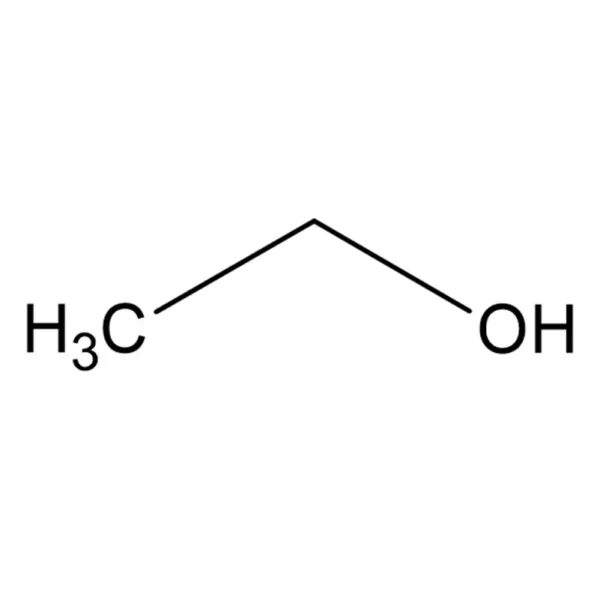 Molekulare Struktur von Ethanol, bestehend aus zwei Kohlenstoffatomen, sechs Wasserstoffatomen und einem Sauerstoffatom.
