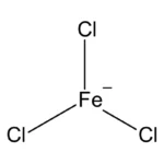 Strukturformel von Eisenchlorid (FeCl₃) mit einem zentralen Eisenatom (Fe) und drei Chloratomen (Cl).
