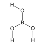 Molekulare Struktur von Borsäurepulver, bestehend aus Bor-, Sauerstoff- und Wasserstoffatomen in einem kristallinen Gittermuster.