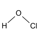 Summenformel von HCl (Salzsäure) mit einem Wasserstoffatom (H) und einem Chloratom (Cl), die durch eine einzelne kovalente Bindung verbunden sind.