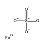 Schematische Darstellung der Molekülstruktur von Eisensulfat mit einem an ein Sulfation (SO₄²⁻) gebundenen Fe²⁺-Ion.
