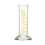 1. Messbecher aus Glas mit gelben Messmarkierungen für den präzisen Einsatz im Labor.