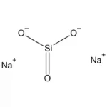 Molekülstruktur von Natriummetasilikat mit einem zentralen Siliziumatom mit drei Oxidbrücken und zwei Na⁺-Ionen.