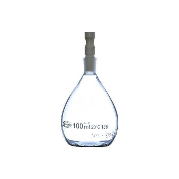 100-ml-Laborkolben aus Glas mit weißem Stopfen für chemische Experimente und Analysen.