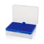 1. Mikrozentrifugenröhrchengestell für den Laborgebrauch, Aufbewahrungsbox aus blauem und durchsichtigem Kunststoff.