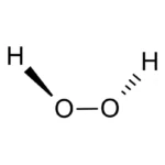 Molekülstruktur von Wasserstoffperoxid (H₂O₂) mit Atomen und kovalenten Bindungen.