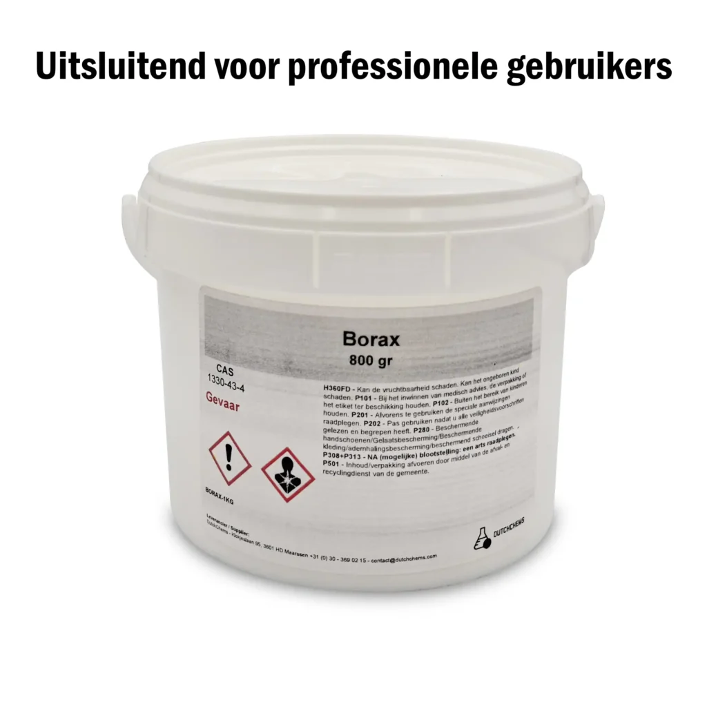 Eimer mit 800 Gramm Borax, versehen mit Warnhinweisen und Sicherheitsinformationen.