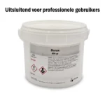 Eimer mit 800 Gramm Borax, versehen mit Warnhinweisen und Sicherheitsinformationen.