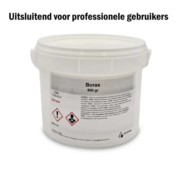Eimer mit 800 Gramm Borax, versehen mit Warnhinweisen und Sicherheitsinformationen.