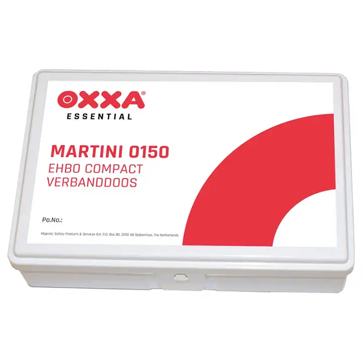 OXXA Essential Martini 0150 – kompaktes Erste-Hilfe-Set im weißen Koffer mit rotem Logo.