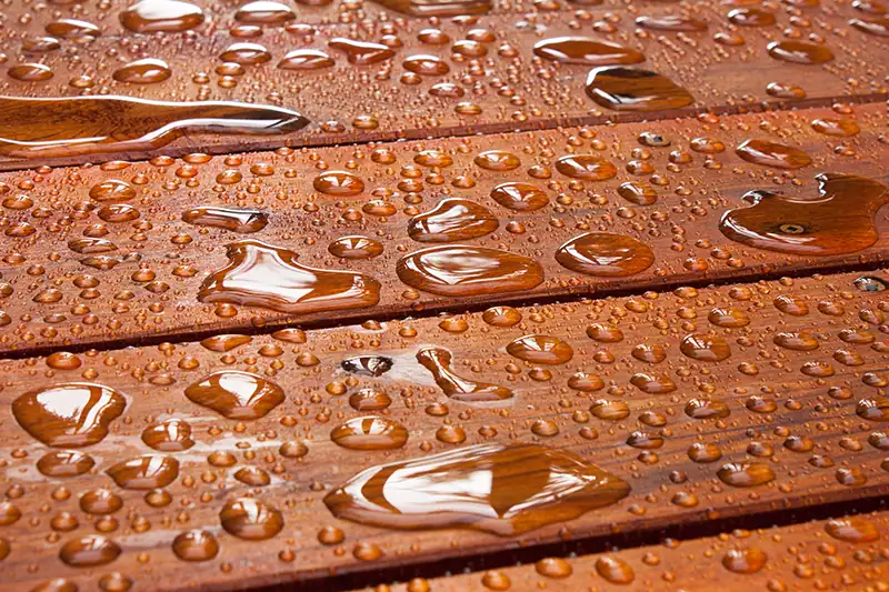 Wassertropfen auf einer imprägnierten, wasserabweisend gemachten Holzoberfläche.