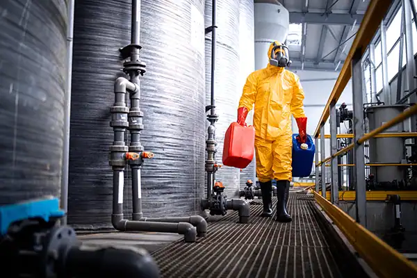 Ein Mitarbeiter in chemikalienbeständigem Overall und Sicherheitsstiefeln zum Schutz am Arbeitsplatz.
