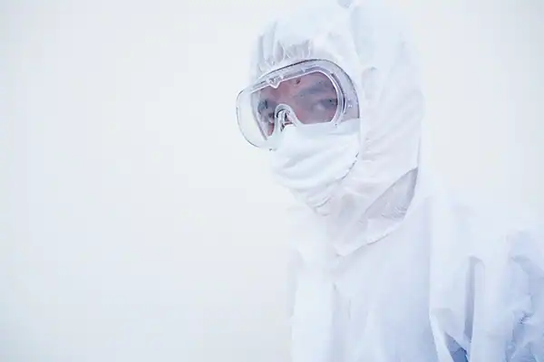 Collage verschiedener Sicherheitsprodukte, darunter Augen- und Handschutz, Atemschutzmasken und Schutzkleidung