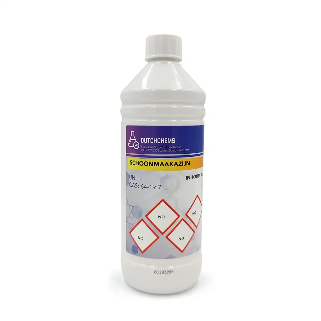 Transparente 1-Liter-Flasche mit Reinigungsessig, versehen mit Etikett und Sicherheitshinweisen.