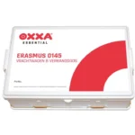 Erste-Hilfe-Kasten mit Wandhalterung – weißer Koffer, rotes Etikett, 26 × 17 × 8 cm, dampfsterilisierter Inhalt für den einmaligen Gebrauch.
